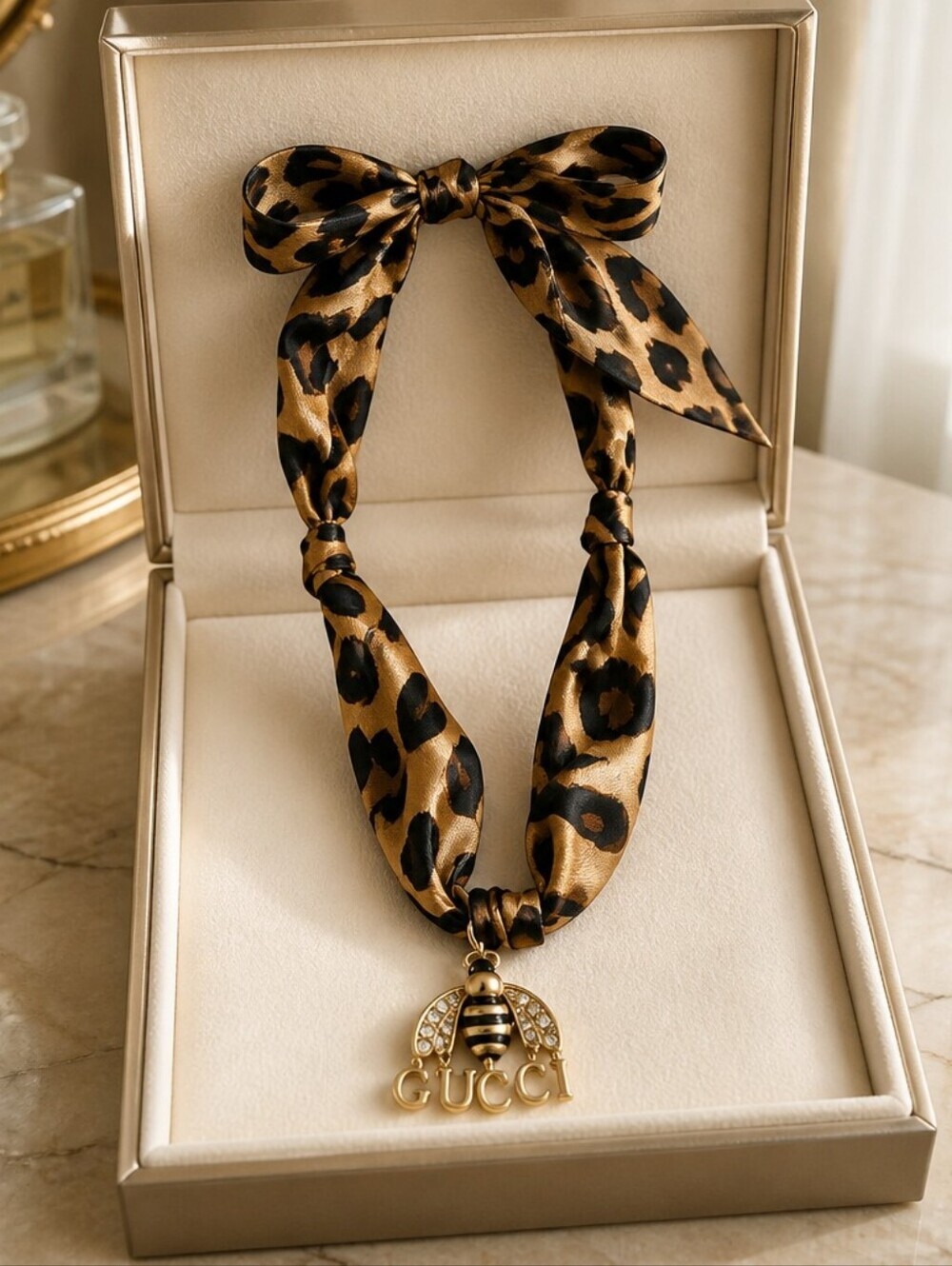 Leopard-Print Silk Bee Pendant Necklace - Gold Accent